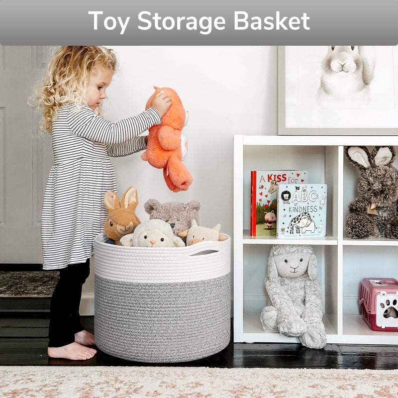 Goodpick Blanket Basket, 15.8"x15.8"x13.8" Woven Rope Basket for Blankets, Kids Toy Storage Organizer Bins, Toy Storage for Nursery, Light & Grey - Image 4