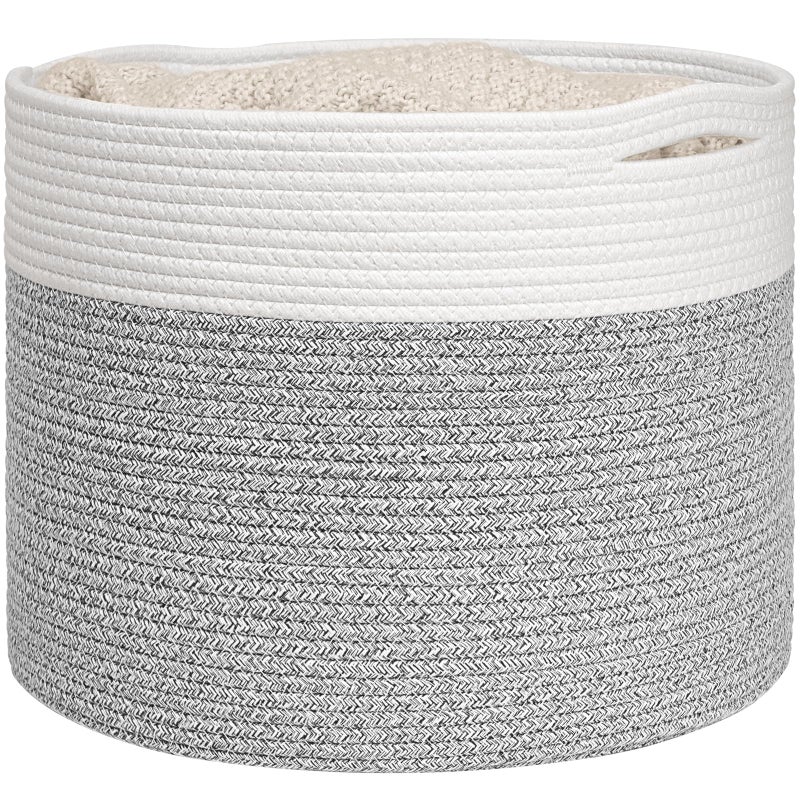 Goodpick Blanket Basket, 15.8"x15.8"x13.8" Woven Rope Basket for Blankets, Kids Toy Storage Organizer Bins, Toy Storage for Nursery, Light & Grey - Image 1