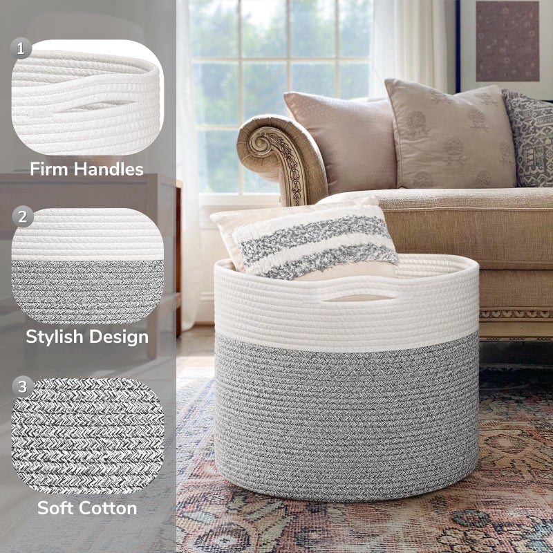 Goodpick Blanket Basket, 15.8"x15.8"x13.8" Woven Rope Basket for Blankets, Kids Toy Storage Organizer Bins, Toy Storage for Nursery, Light & Grey - Image 5