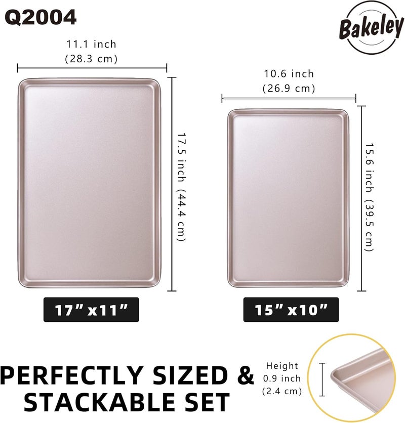 Bakeley Baking Sheet Pan Set, 2 Commercial Cookie Sheet Pan, Nonstick Jelly Roll/Quarter Sheet Pan for Oven (Champagne Gold, 15.7"x10.6"/13.5"x9.6") Well-engineered versatile build - Image 2