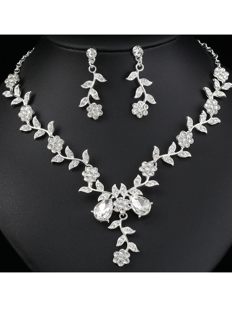 roaiss 3 Pcs Rhinestone Necklace Earrings Set Rose Flower Zircon Pendant Drop Dangle Bridal Evening Dress Accessories for Women Silver/Clear  - Image 1