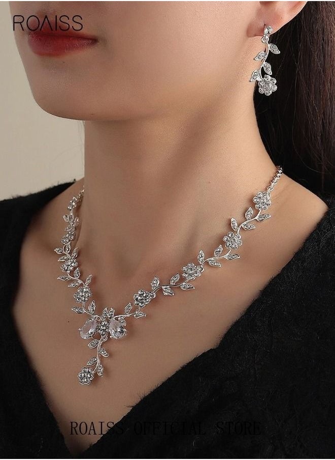 roaiss 3 Pcs Rhinestone Necklace Earrings Set Rose Flower Zircon Pendant Drop Dangle Bridal Evening Dress Accessories for Women Silver/Clear  - Image 2
