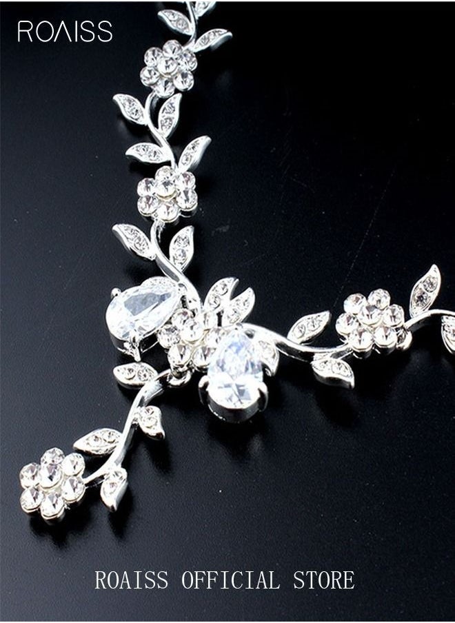roaiss 3 Pcs Rhinestone Necklace Earrings Set Rose Flower Zircon Pendant Drop Dangle Bridal Evening Dress Accessories for Women Silver/Clear  - Image 3