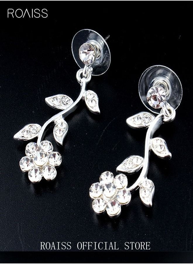 roaiss 3 Pcs Rhinestone Necklace Earrings Set Rose Flower Zircon Pendant Drop Dangle Bridal Evening Dress Accessories for Women Silver/Clear  - Image 4