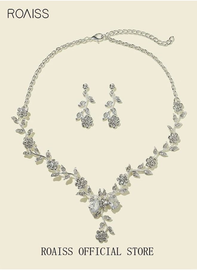 roaiss 3 Pcs Rhinestone Necklace Earrings Set Rose Flower Zircon Pendant Drop Dangle Bridal Evening Dress Accessories for Women Silver/Clear  - Image 5
