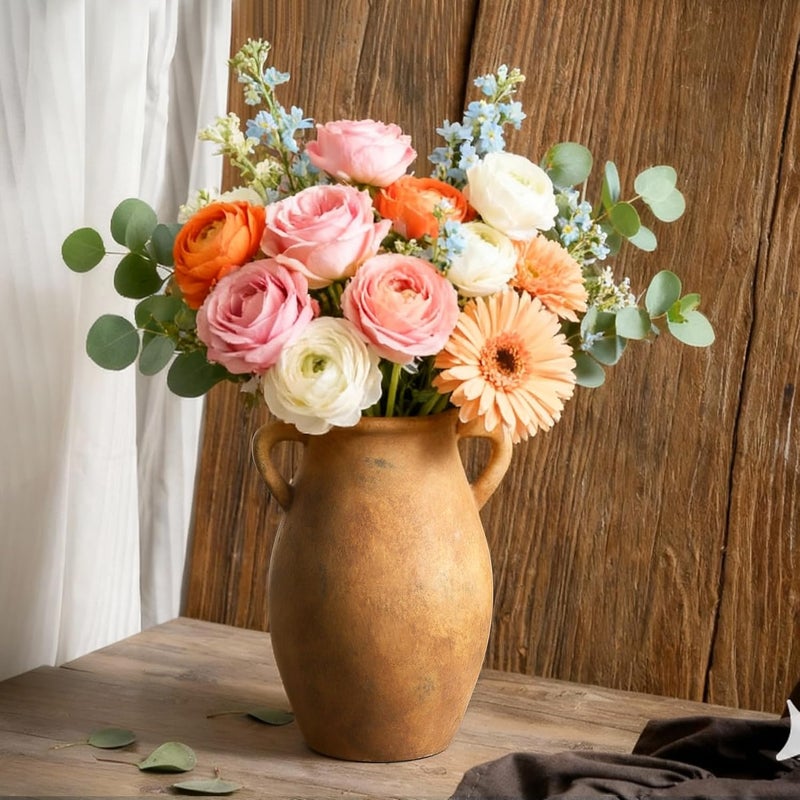 Lyeec Ceramic Rustic Vase, Vintage Flower Vase with Handle, 9 inch Farmhouse Pottery Flower Vase for Home Decor, Living Room Shelf Decor, Enterway, Table - Image 1