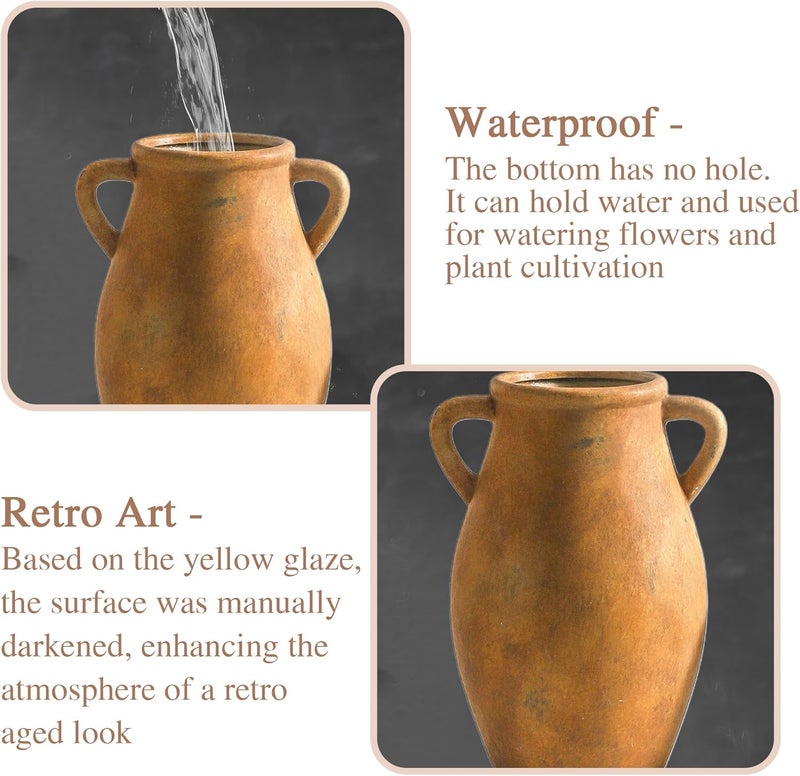 Lyeec Ceramic Rustic Vase, Vintage Flower Vase with Handle, 9 inch Farmhouse Pottery Flower Vase for Home Decor, Living Room Shelf Decor, Enterway, Table - Image 4
