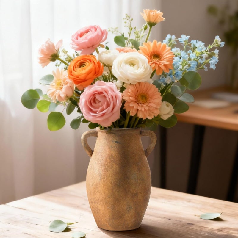 Lyeec Ceramic Rustic Vase, Vintage Flower Vase with Handle, 9 inch Farmhouse Pottery Flower Vase for Home Decor, Living Room Shelf Decor, Enterway, Table - Image 2
