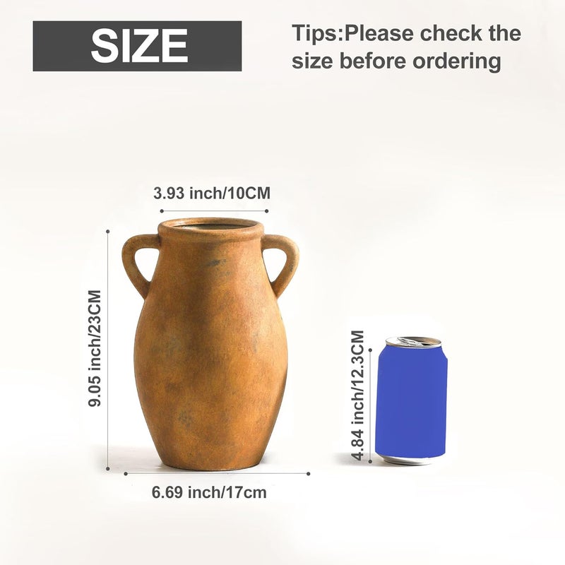 Lyeec Ceramic Rustic Vase, Vintage Flower Vase with Handle, 9 inch Farmhouse Pottery Flower Vase for Home Decor, Living Room Shelf Decor, Enterway, Table - Image 3