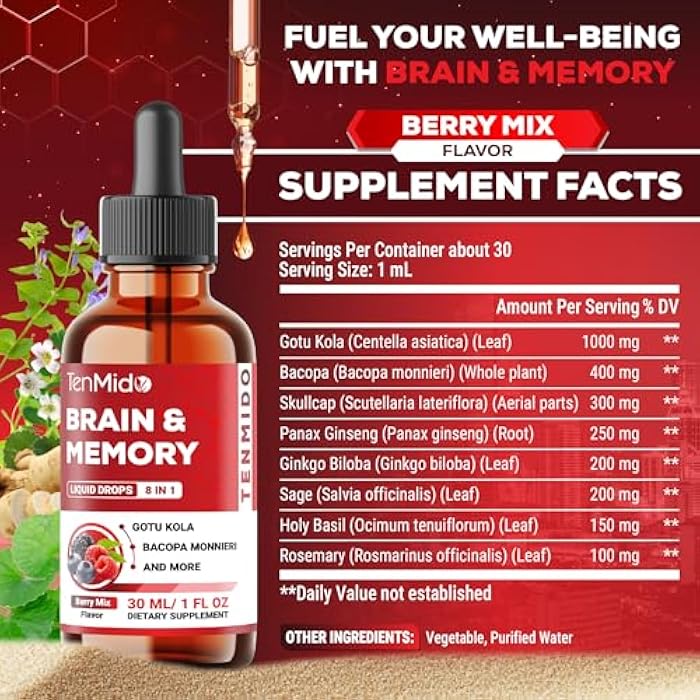 Tenmido 8in1 Brain Health Support Liquid with Gotu Kola, Bacopa, Skullcap, Panax Ginseng, Ginkgo Biloba, Sage Leaf, Holy Basil and Rosemary - 30ml 1 Fl Oz - Image 2