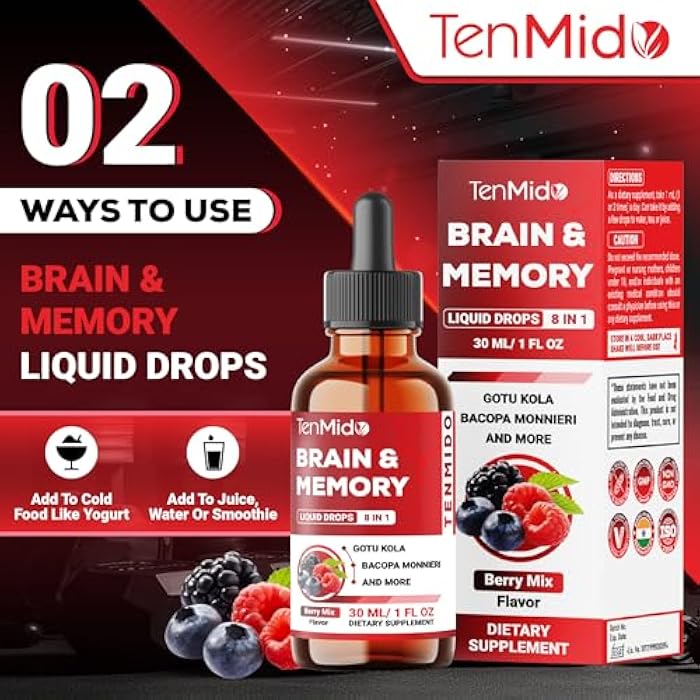 Tenmido 8in1 Brain Health Support Liquid with Gotu Kola, Bacopa, Skullcap, Panax Ginseng, Ginkgo Biloba, Sage Leaf, Holy Basil and Rosemary - 30ml 1 Fl Oz - Image 5