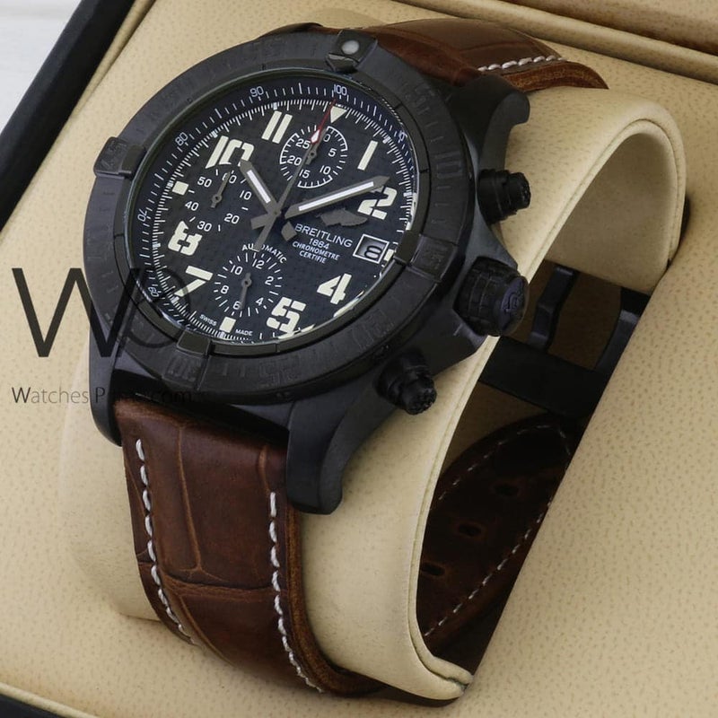 Breitling Chronograph Black Watch with Brown Leather strap for Men 1135 - Image 1