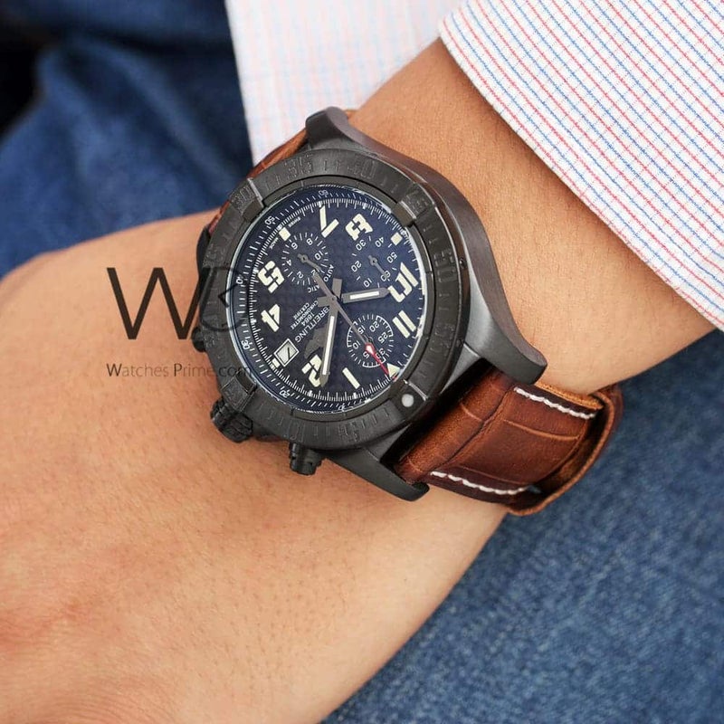 Breitling Chronograph Black Watch with Brown Leather strap for Men 1135 - Image 3