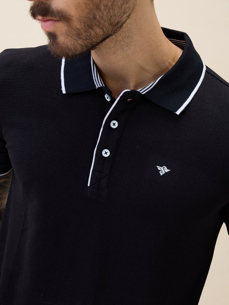 STATUS QUO Solid Contrast Tipping Regular Fit Black Polo T-shirt - Image 4
