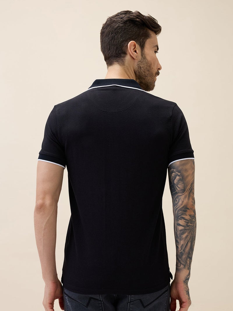 STATUS QUO Solid Contrast Tipping Regular Fit Black Polo T-shirt - Image 3