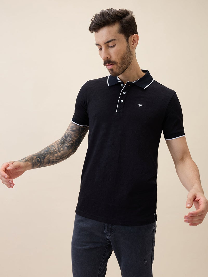 STATUS QUO Solid Contrast Tipping Regular Fit Black Polo T-shirt - Image 2