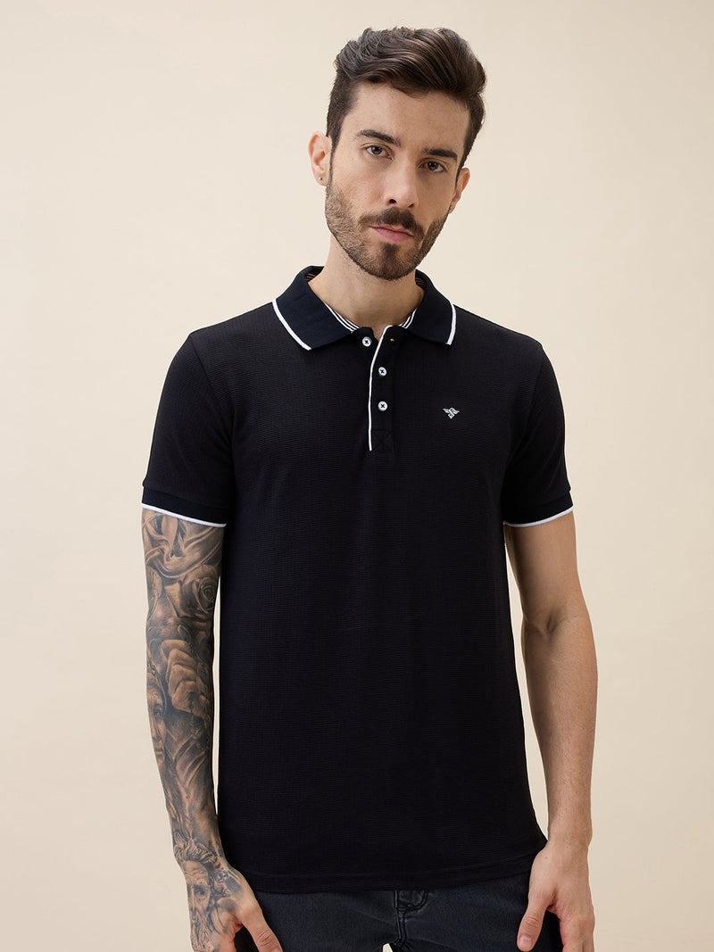 STATUS QUO Solid Contrast Tipping Regular Fit Black Polo T-shirt - Image 1