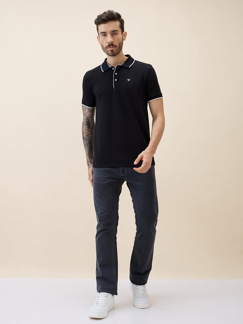 STATUS QUO Solid Contrast Tipping Regular Fit Black Polo T-shirt - Image 5