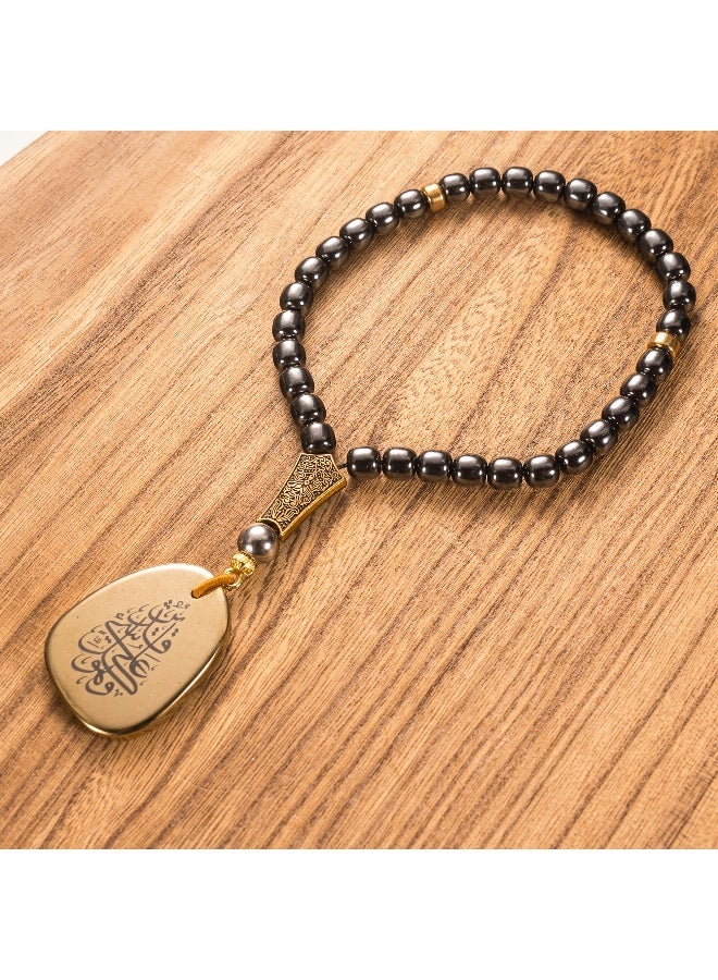 TranquilBeads 1 قطعة 33 حبة تسبيح هيماتيت أسود – سلسلة صلاة حجر لامع مع قلادة منقوشة، ملحق لتعليق مرآة السيارة، هدوء وتركيز وسلامة على الطريق، هدية أنيقة للرجال، هدية رمضان/عيد/سيارة جديدة مع صندوق فاخر - Image 3