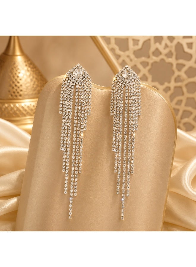 Ucanbe Extra Sparkle Zirconia Long Fringe Earrings – Light Luxury Style Silver Stud Elegant Ear Accessories - Image 1
