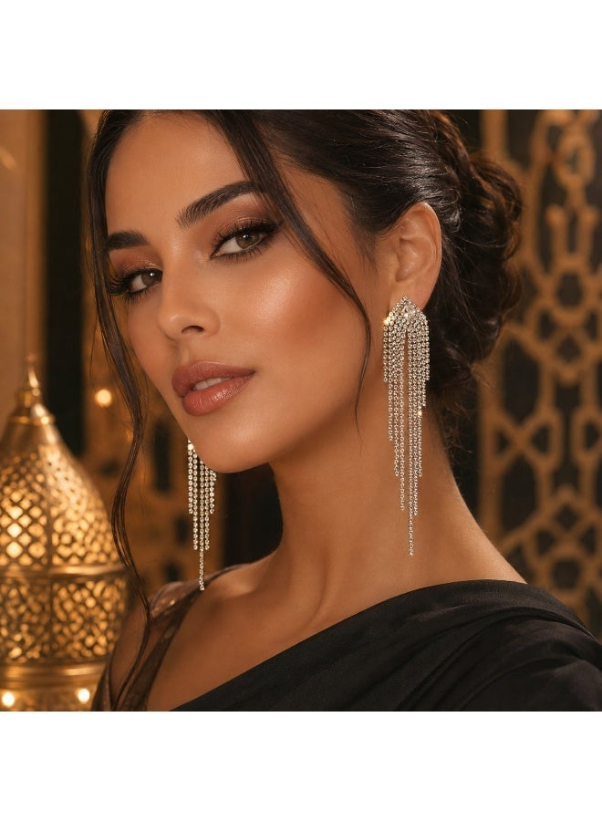 Ucanbe Extra Sparkle Zirconia Long Fringe Earrings – Light Luxury Style Silver Stud Elegant Ear Accessories - Image 2