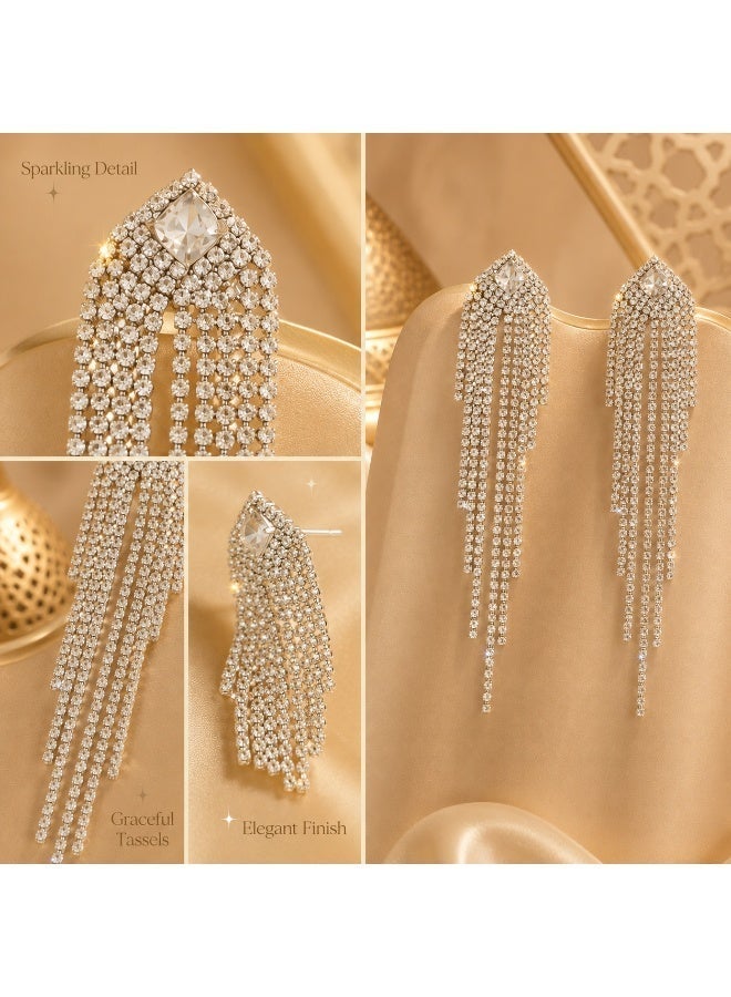 Ucanbe Extra Sparkle Zirconia Long Fringe Earrings – Light Luxury Style Silver Stud Elegant Ear Accessories - Image 3