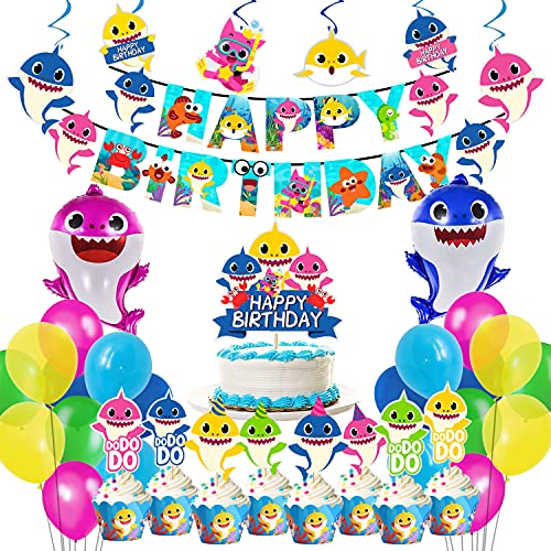 Party Propz Baby Shark Theme Birthday Decoration Kit For Kids - 60 Pcs Shark Theme Happy Birthday Banner, Foil Balloons, Cake Topper For Cake Decoration, Cup-cake Topper,Swirls For Hanging - Image 1