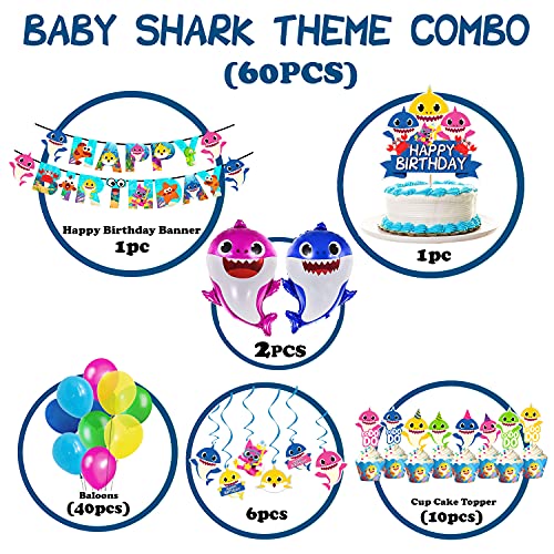 Party Propz Baby Shark Theme Birthday Decoration Kit For Kids - 60 Pcs Shark Theme Happy Birthday Banner, Foil Balloons, Cake Topper For Cake Decoration, Cup-cake Topper,Swirls For Hanging - Image 2