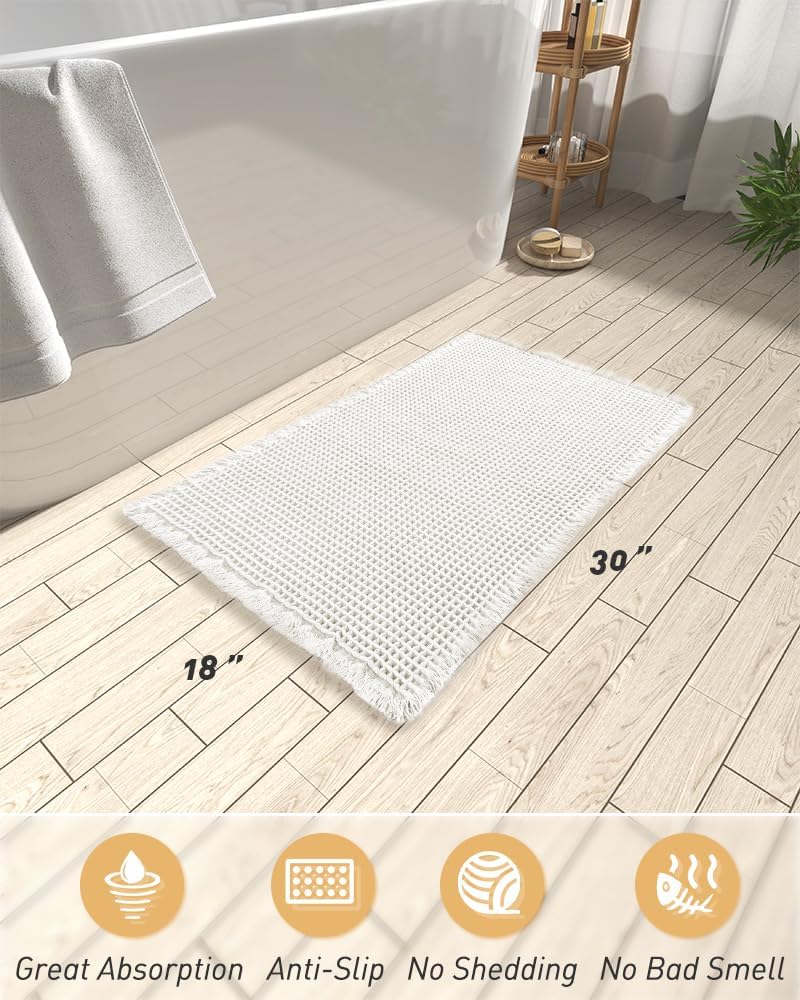 AMOAMI Upgraded Waffle Bath Mat, Super Absorbent Non Slip Bath Mats for Bathroom Floor, Machine Washable Boho Bathroom Rugs with Tassels, Rubber Backed Bathroom Mats, Ultra Soft, 18" x 30" - Image 2