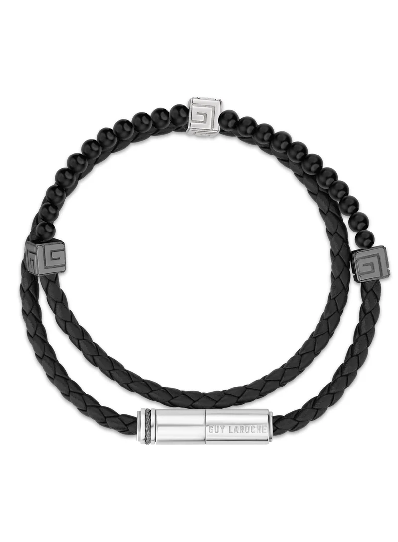 Guy Laroche Victor Black Leather And Beads Bracelet