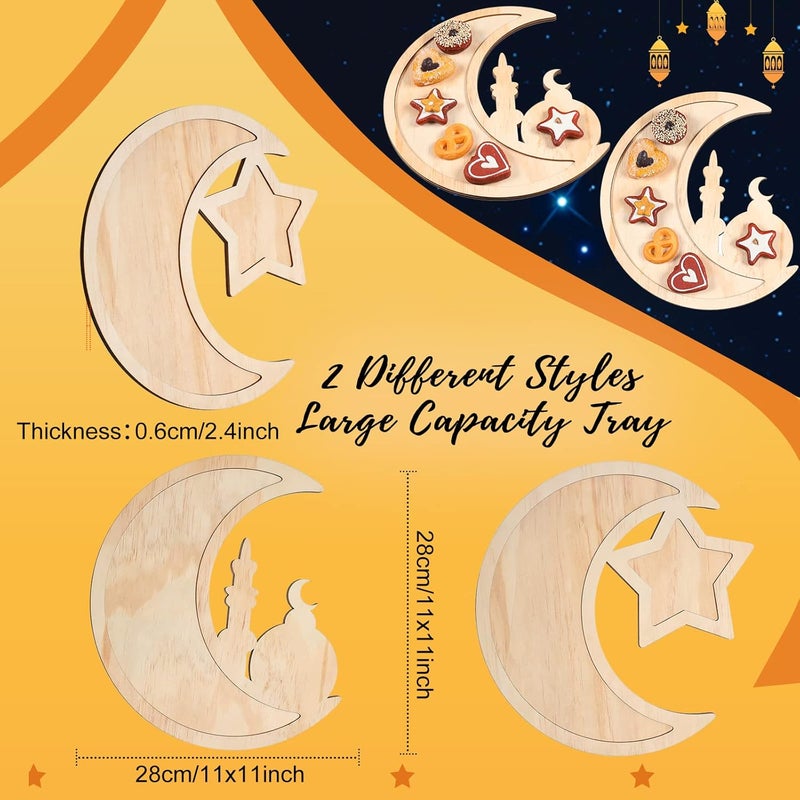 Queekay 2 Pieces Ramadan Tray Eid Mubarak Tray Wooden Star Moon Shaped Ramadan Islam Wooden Artistic Moon Star Dessert Pallet Eid Mubarak Decorations for Table Islam Artistic Moon - Image 2