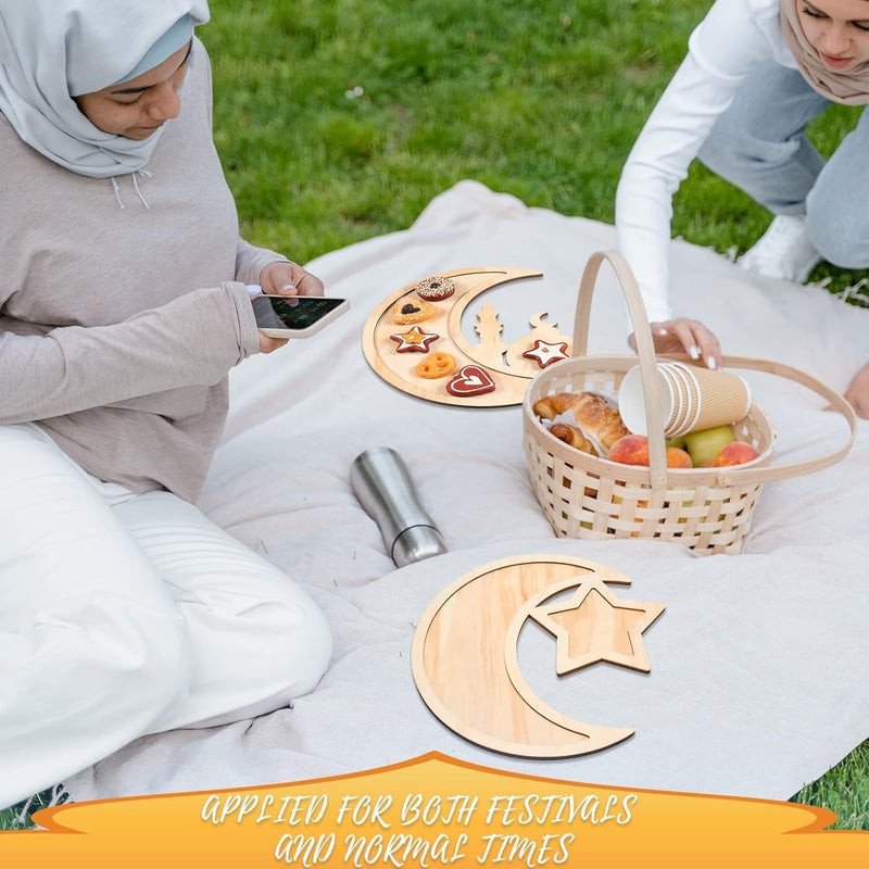Queekay 2 Pieces Ramadan Tray Eid Mubarak Tray Wooden Star Moon Shaped Ramadan Islam Wooden Artistic Moon Star Dessert Pallet Eid Mubarak Decorations for Table Islam Artistic Moon - Image 5