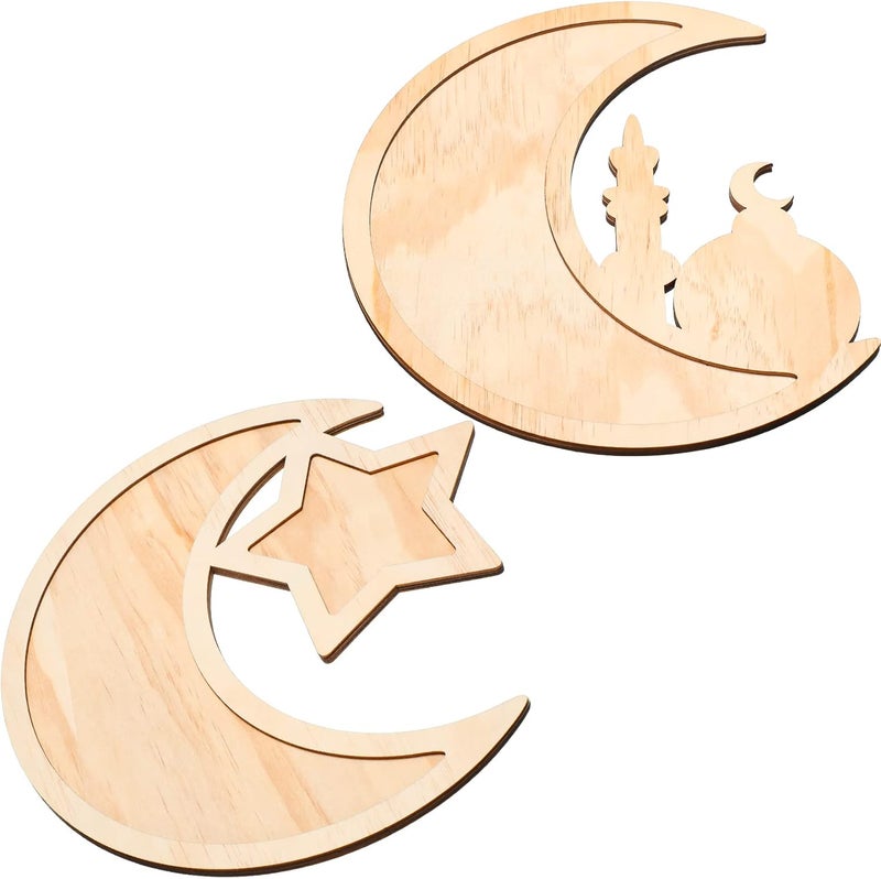 Queekay 2 Pieces Ramadan Tray Eid Mubarak Tray Wooden Star Moon Shaped Ramadan Islam Wooden Artistic Moon Star Dessert Pallet Eid Mubarak Decorations for Table Islam Artistic Moon - Image 1