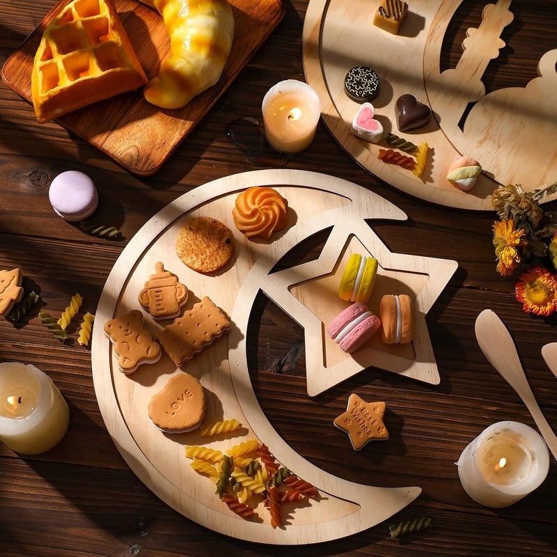 Queekay 2 Pieces Ramadan Tray Eid Mubarak Tray Wooden Star Moon Shaped Ramadan Islam Wooden Artistic Moon Star Dessert Pallet Eid Mubarak Decorations for Table Islam Artistic Moon - Image 4