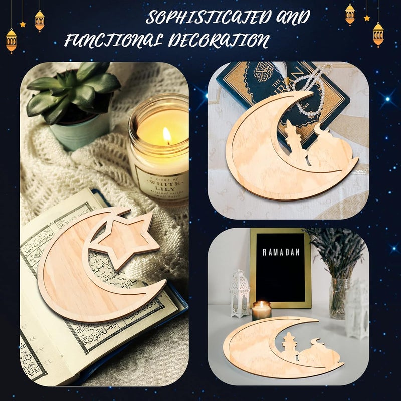 Queekay 2 Pieces Ramadan Tray Eid Mubarak Tray Wooden Star Moon Shaped Ramadan Islam Wooden Artistic Moon Star Dessert Pallet Eid Mubarak Decorations for Table Islam Artistic Moon - Image 3