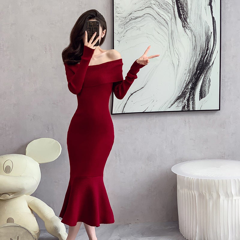 Cross-border supply 2023 autumn and winter New French off-shoulder long sleeve slim solid color pullover knitted dress fashion Red