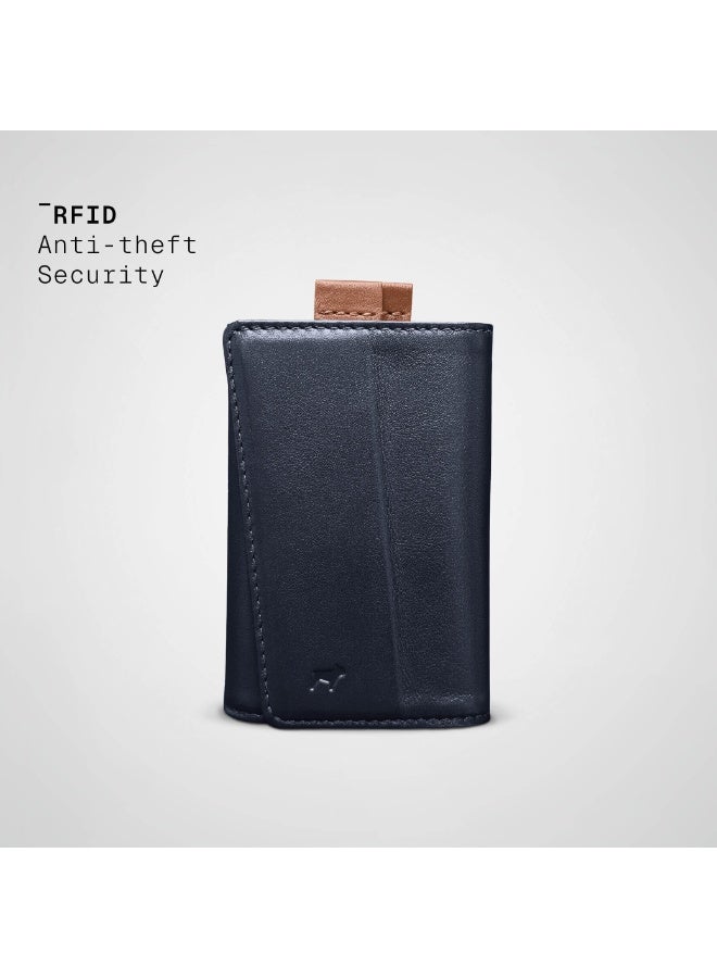 The Frenchie Co. AirTag Speed Wallet | Ultra Slim Front Pocket Wallet with AirTag Holder for Men & Women | RFID Blocking Quick-Access Card Holder with Pull Tab | Full-Grain Italian Leather Minimalist Design | Holds up to 14 Cards & Cash (Ultra Navy-Tan) - Image 3