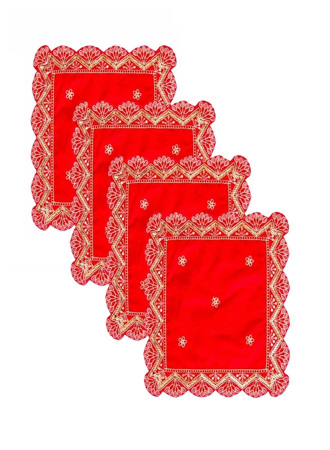 Achleshwar Designer Velvet Embroidered Pooja Aasan Cloth 7x7 inch Red Square Tablecloth for God Idol Chowki Mandir Table Altar Cover for Temple, Puja Shelf, Diwali Decoration Pack of 4 - Image 1