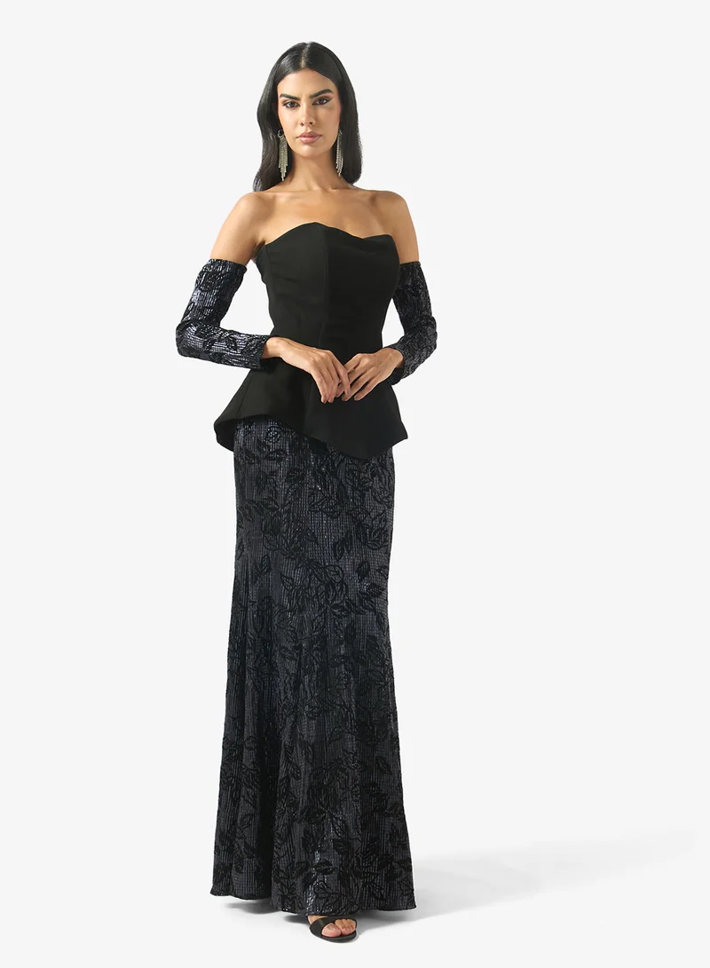 COLD SHOULDER CORSET CREPE DRESS
