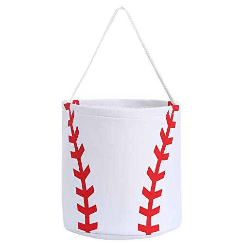 E-FirstFeeling Baseball Basket Easter Baskets Canvas Easter Egg Hunt Baskets Halloween Basket Trick or Treat Candy Bucket Tote for Halloween Easter (Baseball) - Image 1