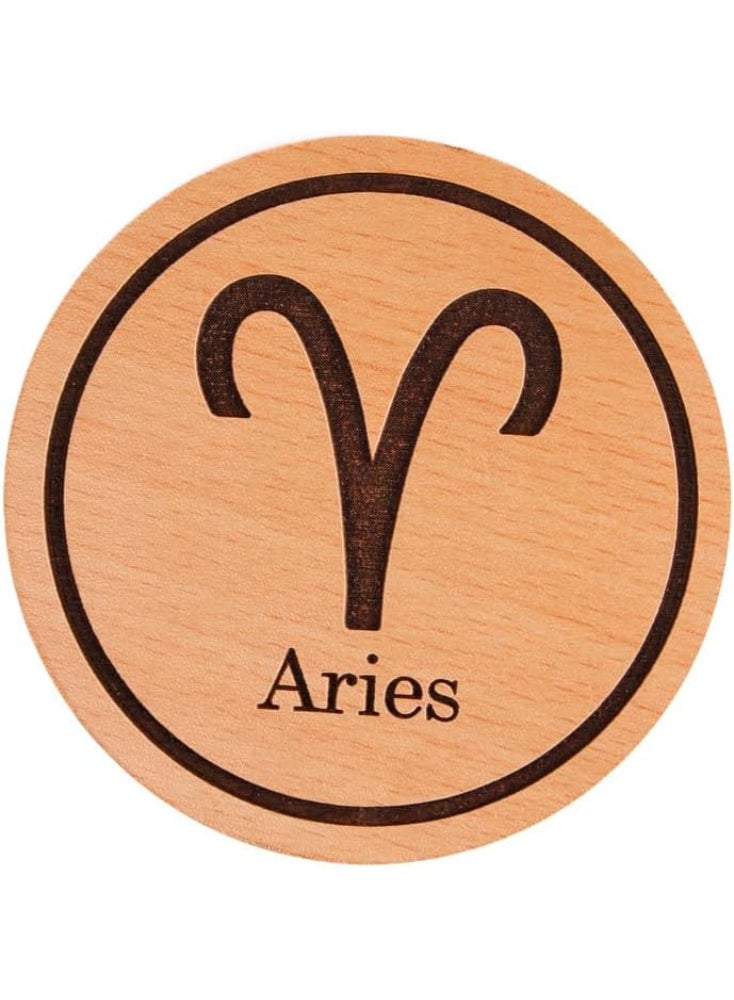 Wooden Coaster Laser-Engraved and Melamine-Coated with An Aries Logo, Diameter 9 cm