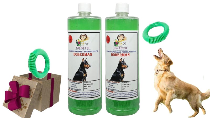 swacch Shampoo | Puppy Safe Shampoo | PH Balanced | Doberman Dog Shampoo 1 Litre Pack of 2 Neem Alovera + | O PVC Ring Rubber Chew Toy | Teething Chew Toy I Dental Teething I Durable I Combo Pack - Image 1