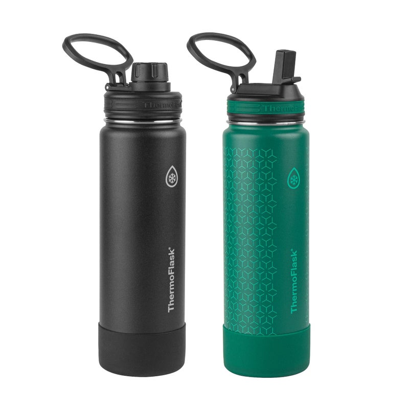 Thermoflask 24 oz Double Wall Vacuum Insulated Stainless Steel 2-Pack of Water Bottles, Black/Malachite - Image 1