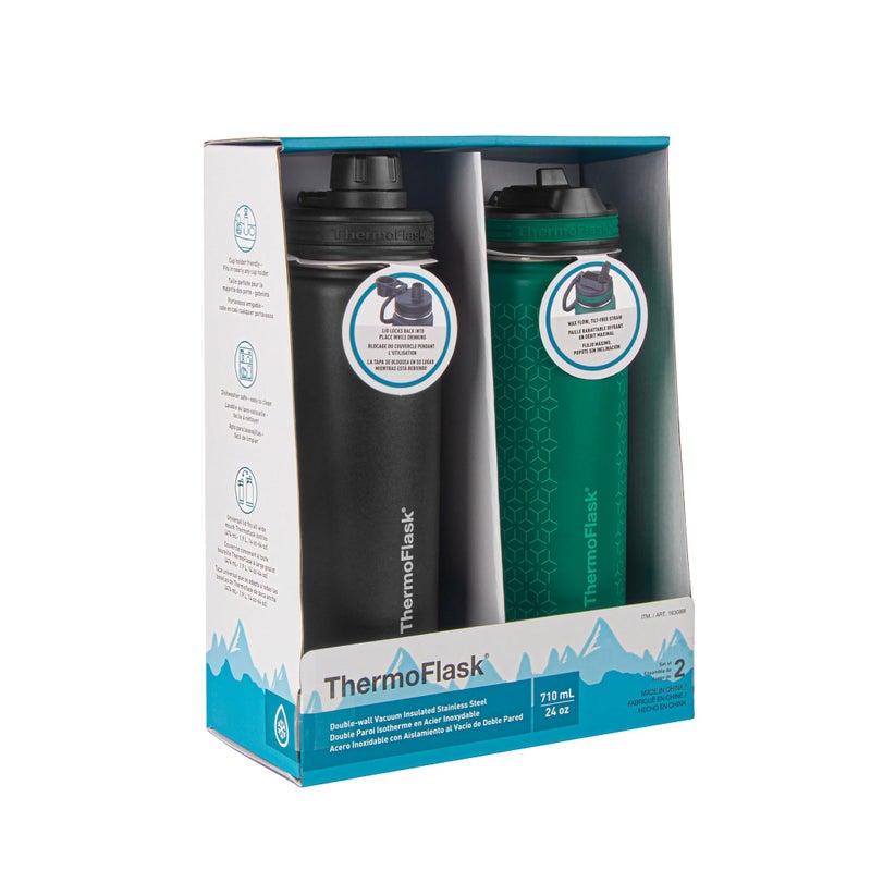 Thermoflask 24 oz Double Wall Vacuum Insulated Stainless Steel 2-Pack of Water Bottles, Black/Malachite - Image 2