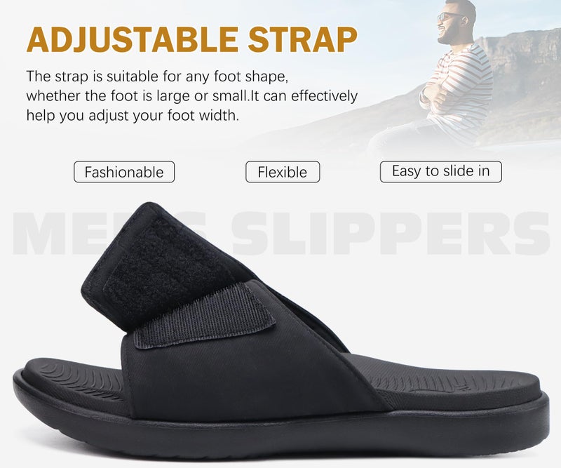 ONCAI Mens Sandals Adjustable Straps Orthotic Plantar Fasciitis Open Toe Athletic Sport Slides with Soft Comfy Arch Support Footbed Black Size 12 - Image 3