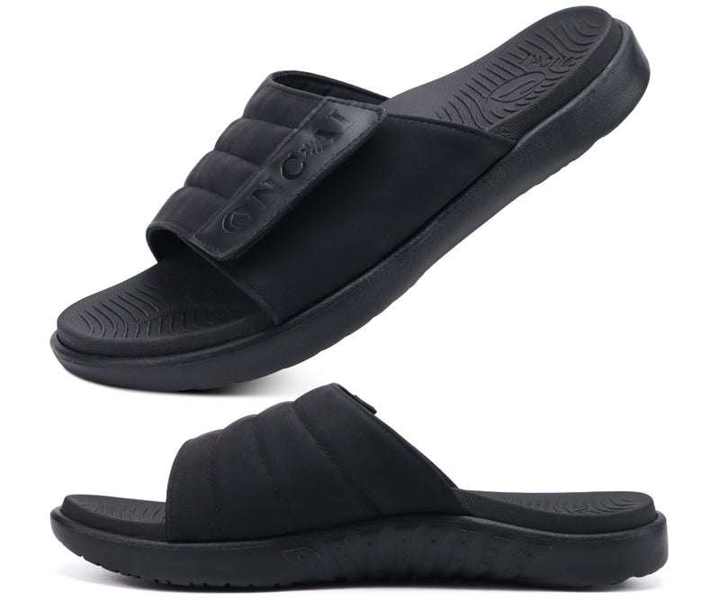 ONCAI Mens Sandals Adjustable Straps Orthotic Plantar Fasciitis Open Toe Athletic Sport Slides with Soft Comfy Arch Support Footbed Black Size 12 - Image 1