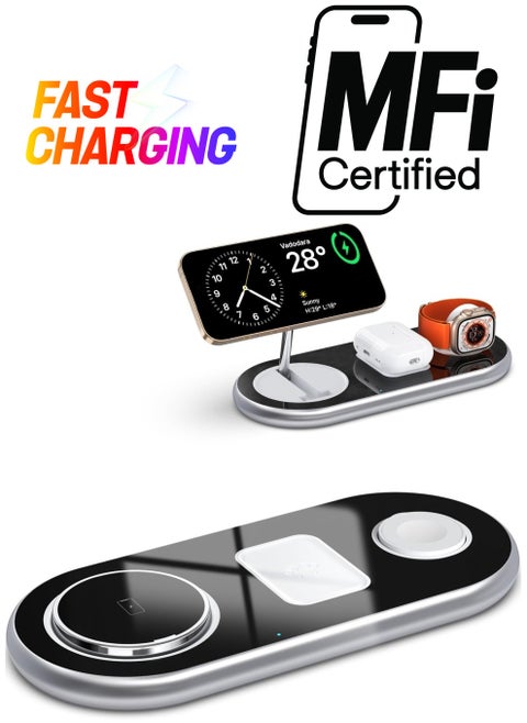 Wireless Charger Stand for Apple Devices, 3 in 1 Fast Wireless Charging Station for Magsafe, Portable Magnetic Wireless Charging Pad for iPhone 15 14 13 12 Series Apple Watch AirPods, Adjustable Angle