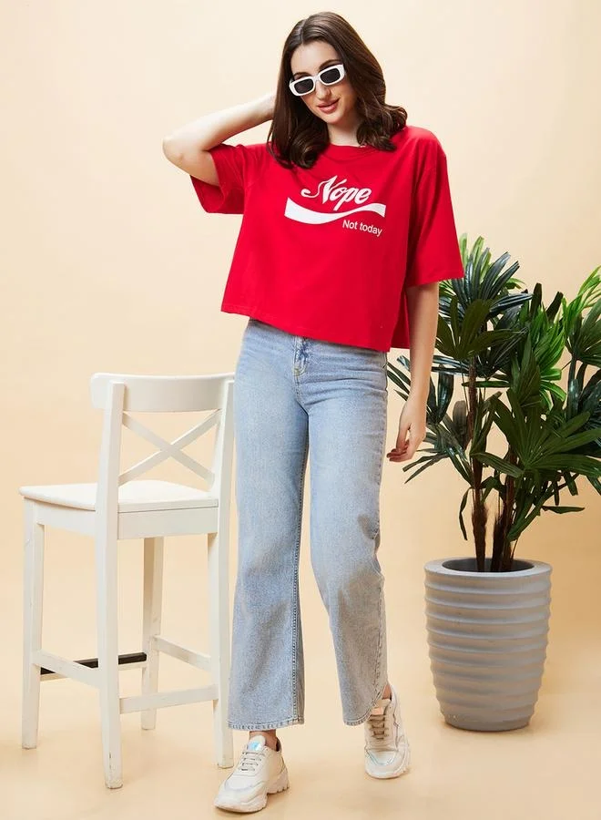 globus Globus Slogan Print Round Neck Boxy Fit Crop T-Shirt