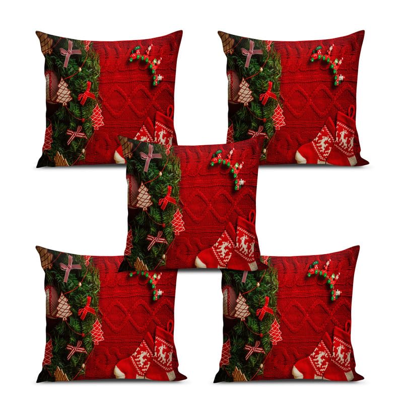 BMRGIFTS Jute Fabric Designer Decorative Printed Merry Christmas Theme Cushion Cover Xmas Decorations for Sofa Living Room Set of 5 12 x 12 inch Multi (CHMCC63) - Image 1