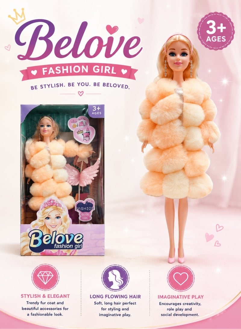 Belove دمية بيلوف فاشن جيرل - معطف فرو صناعي بلون الخوخ، لعبة على طراز باربي مع ملحقات (3 سنوات فأكثر) - Image 1